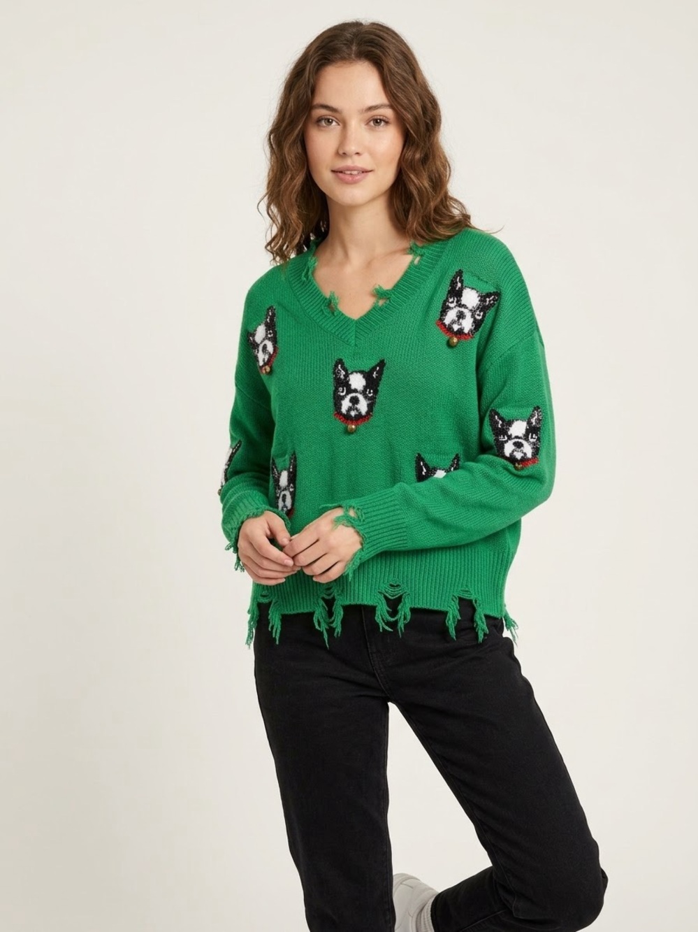 No Comment Boston Terrier Graphic Distressed V-Neck Knit Sweater Frenchie mom
